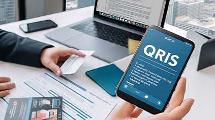 Business owner scanning a QRIS code to complete an export-import payment digitally, reducing bank transfer delays.