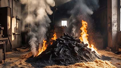 Sawdust being carbonized in kiln to create eco-friendly charcoal